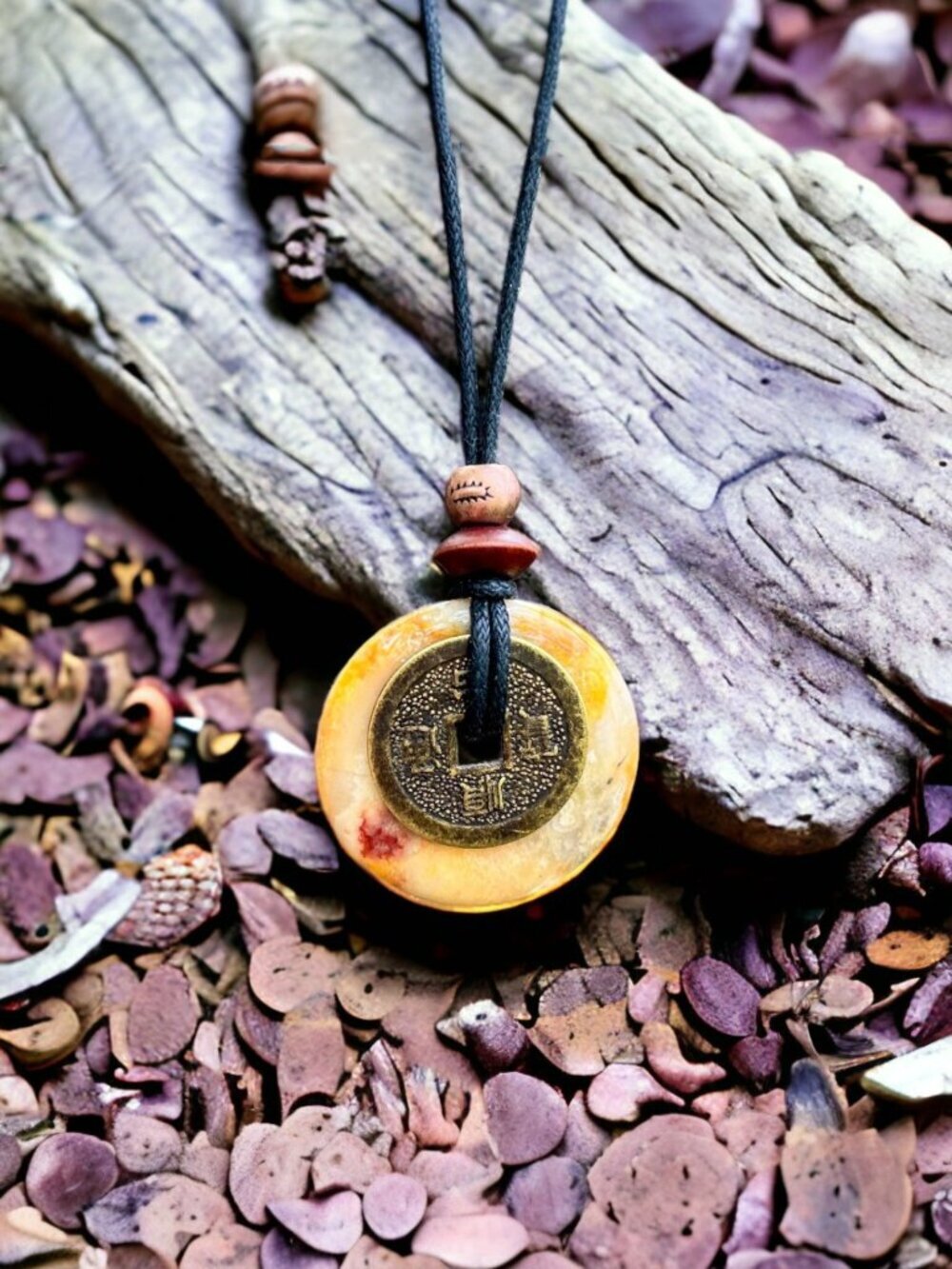 Crazy Lace Agate Lucky Coin Pendant Necklace Yellow | Handmade - Picture 3 of 6